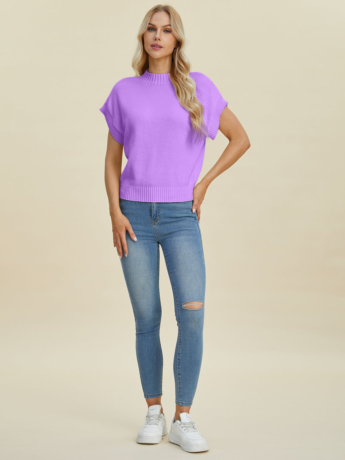 Double Take Mock Neck Short Sleeve Sweater