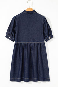 Dirty Blue Puff Sleeve Half Zipper Denim Flowy Dress