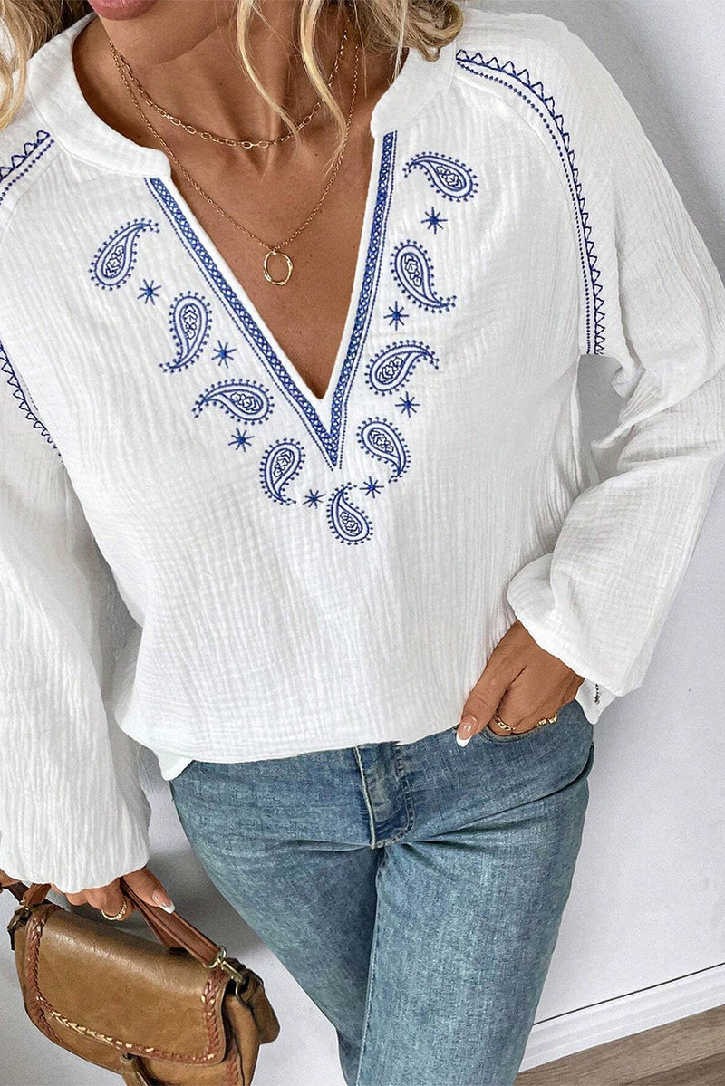 White Paisley Embroidered Crinkle Split Neck Blouse