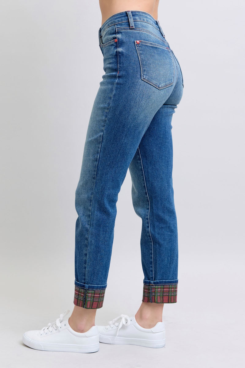 Plaid Print Cuff Straight Leg Jeans with Pockets