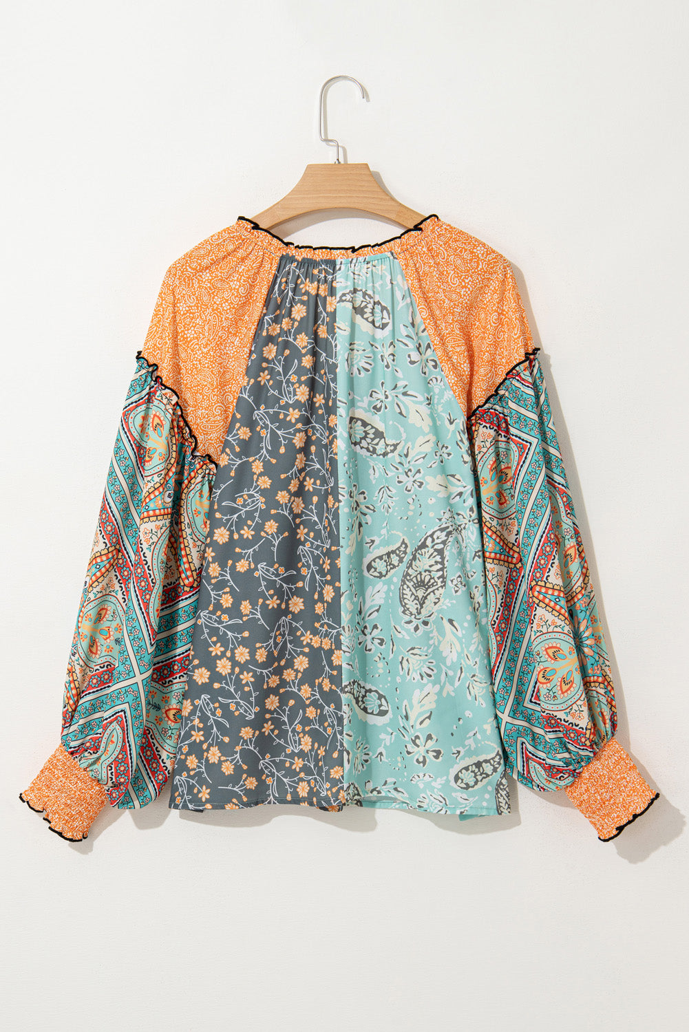 Green Floral Patchwork V Neck Lantern Sleeve Plus Size Blouse