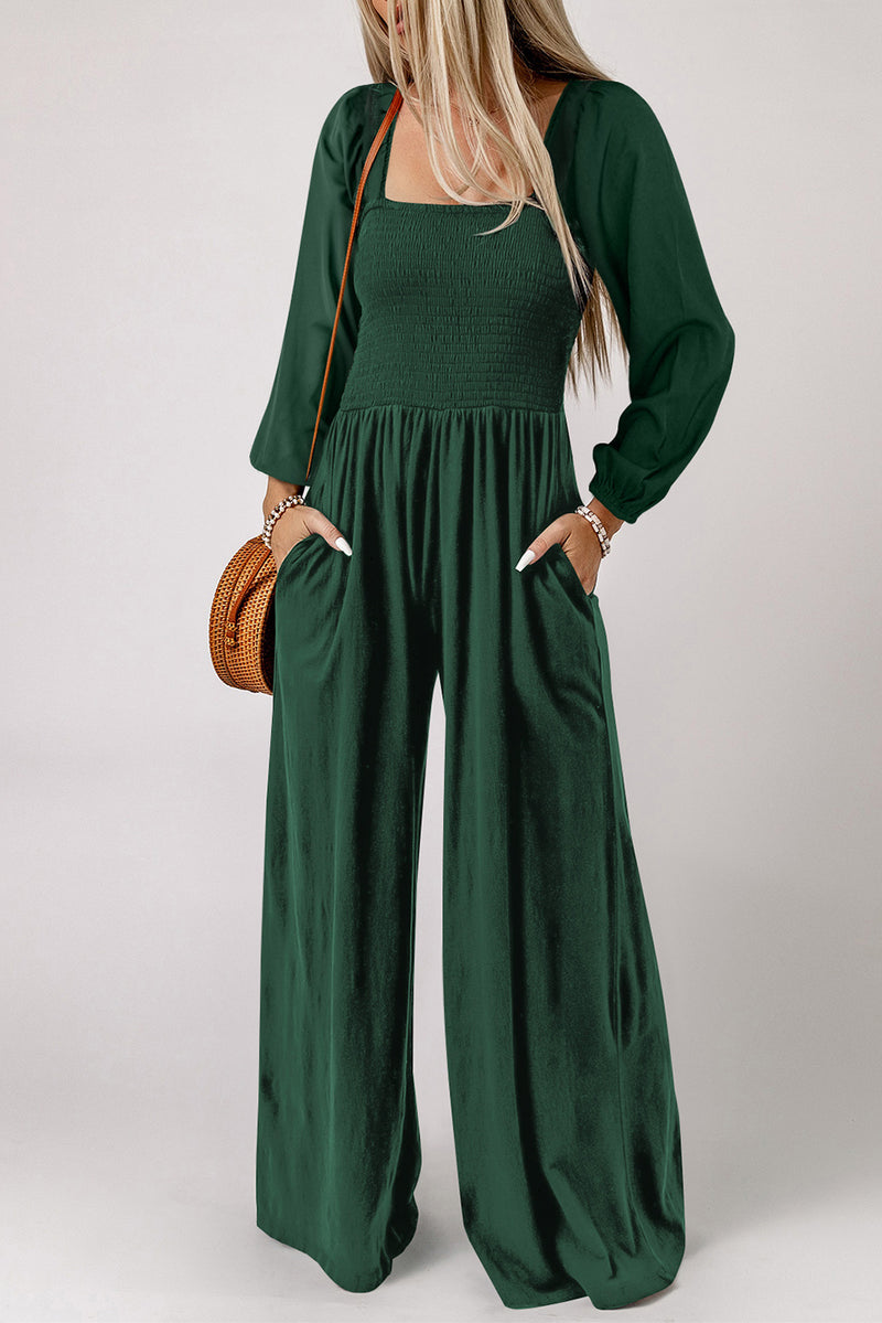 Smocked Sleeveless Wide Leg Jumpsuit with Pockets