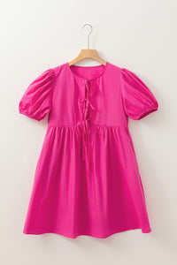 Bright Pink Tie Front Puff Sleeve Mini Dress