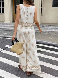 Trendsi sleeveless top and wide-leg pants two-piece set, stylish casual outfit, light fabric, neutral color, front view.