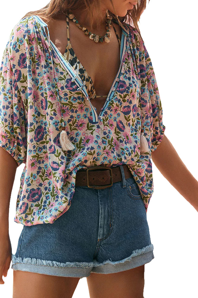 Multicolour Boho Floral Tassel Tie V Neck Blouse