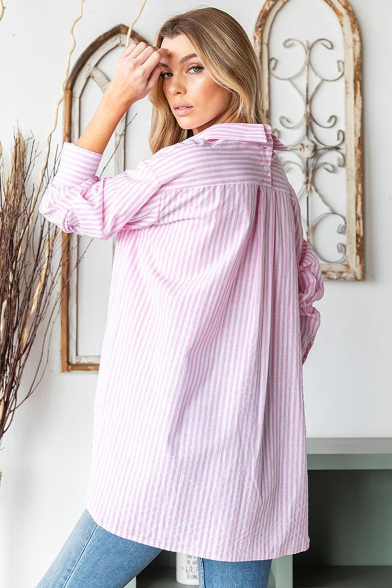 First Love Striped Button Down High-Low Hem Shirt