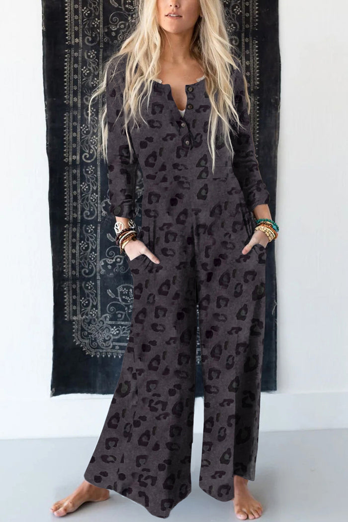 Buttoned Bodice Wide Leg Leopard Jumpsuit