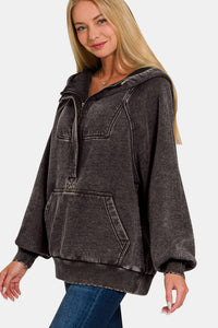 Zenana Acid Wash Fleece Kangaroo Hoodie