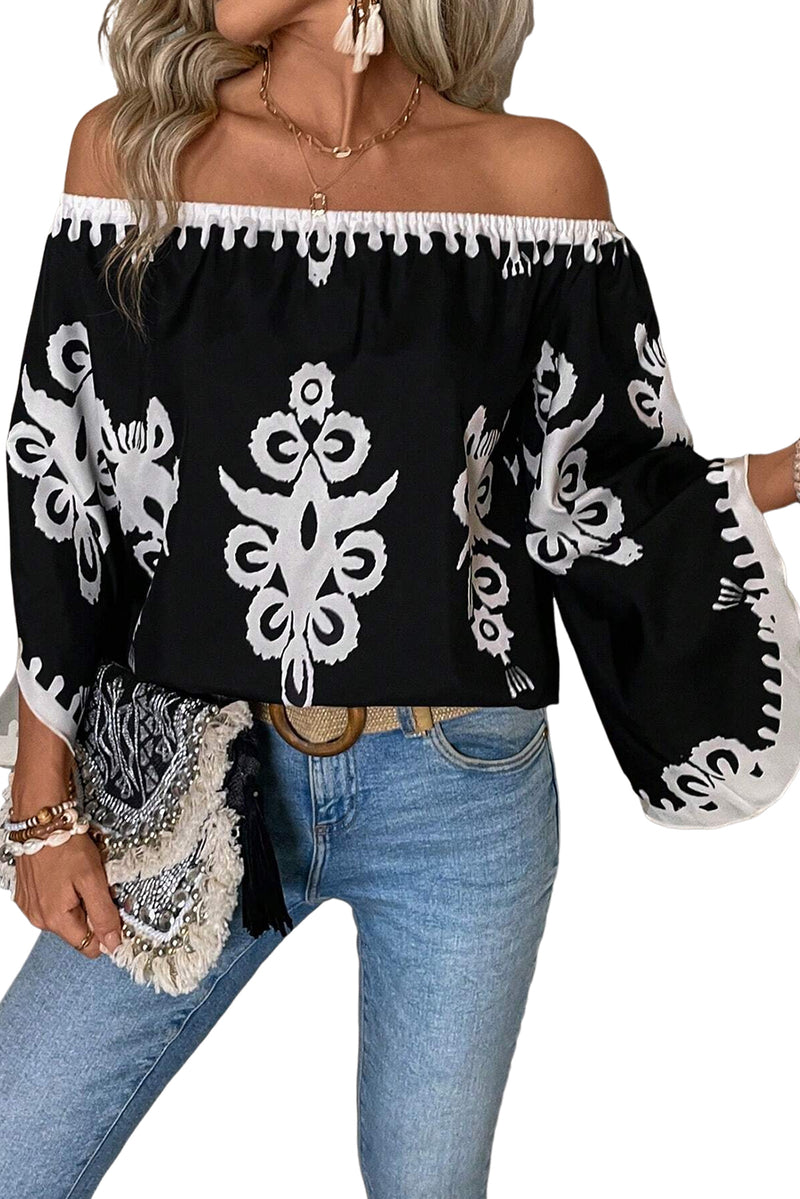 Black Abstract Print Off Shoulder Flounce Sleeve Blouse