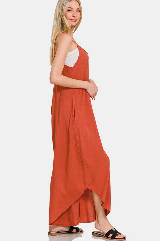 Spaghetti Strap Wide Leg Overalls with Pockets