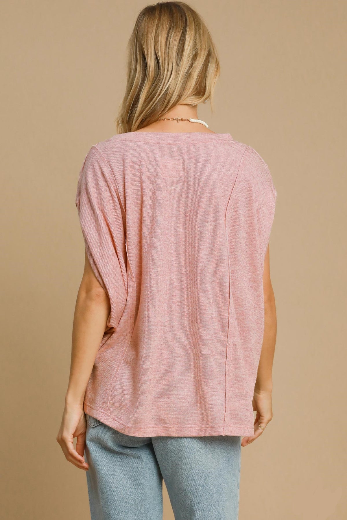 Exposed Seam Round Neck Batwing Sleeve Knit Top