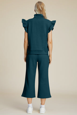 Double Take Texture Ruffle Short Sleeve Top and Wide Leg Pants Set