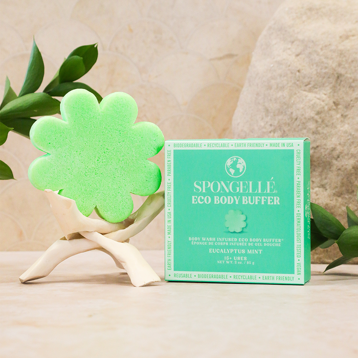 Eucalyptus Mint Eco Body Buffer by Spongellé, a body wash infused exfoliating buffer with fresh eucalyptus and mint scent.