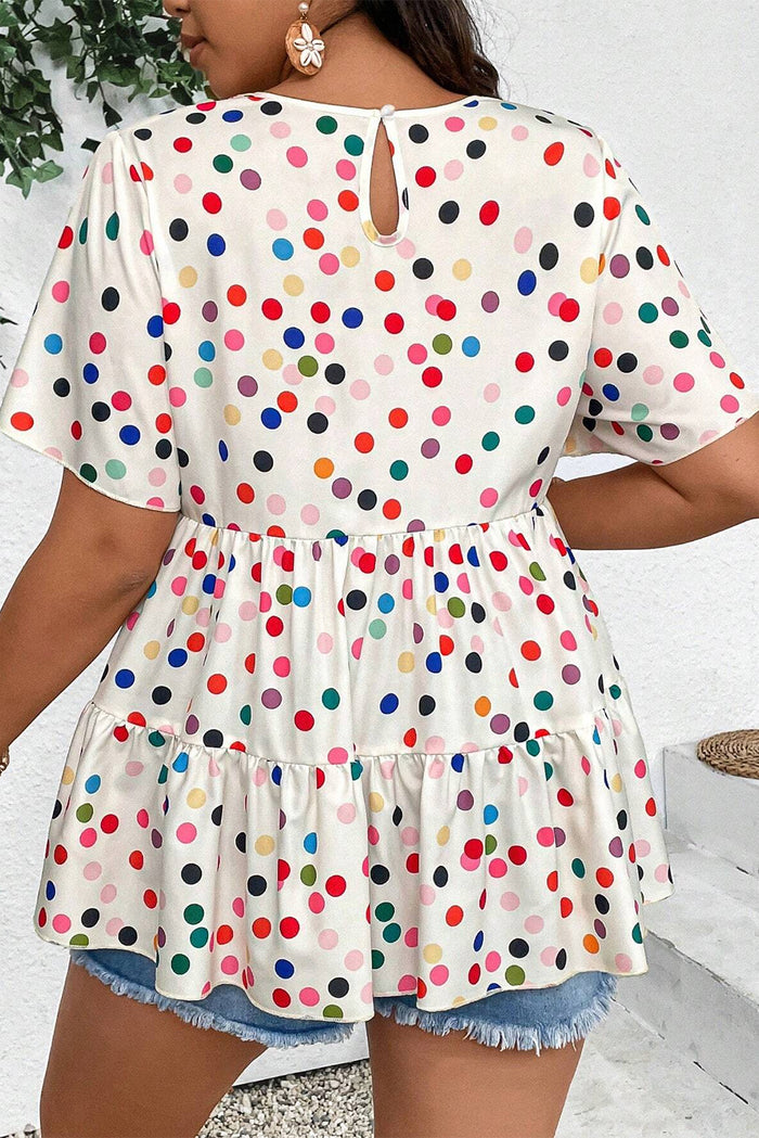 Beige Colorful Polka Dot Print Ruffle Babydoll Blouse