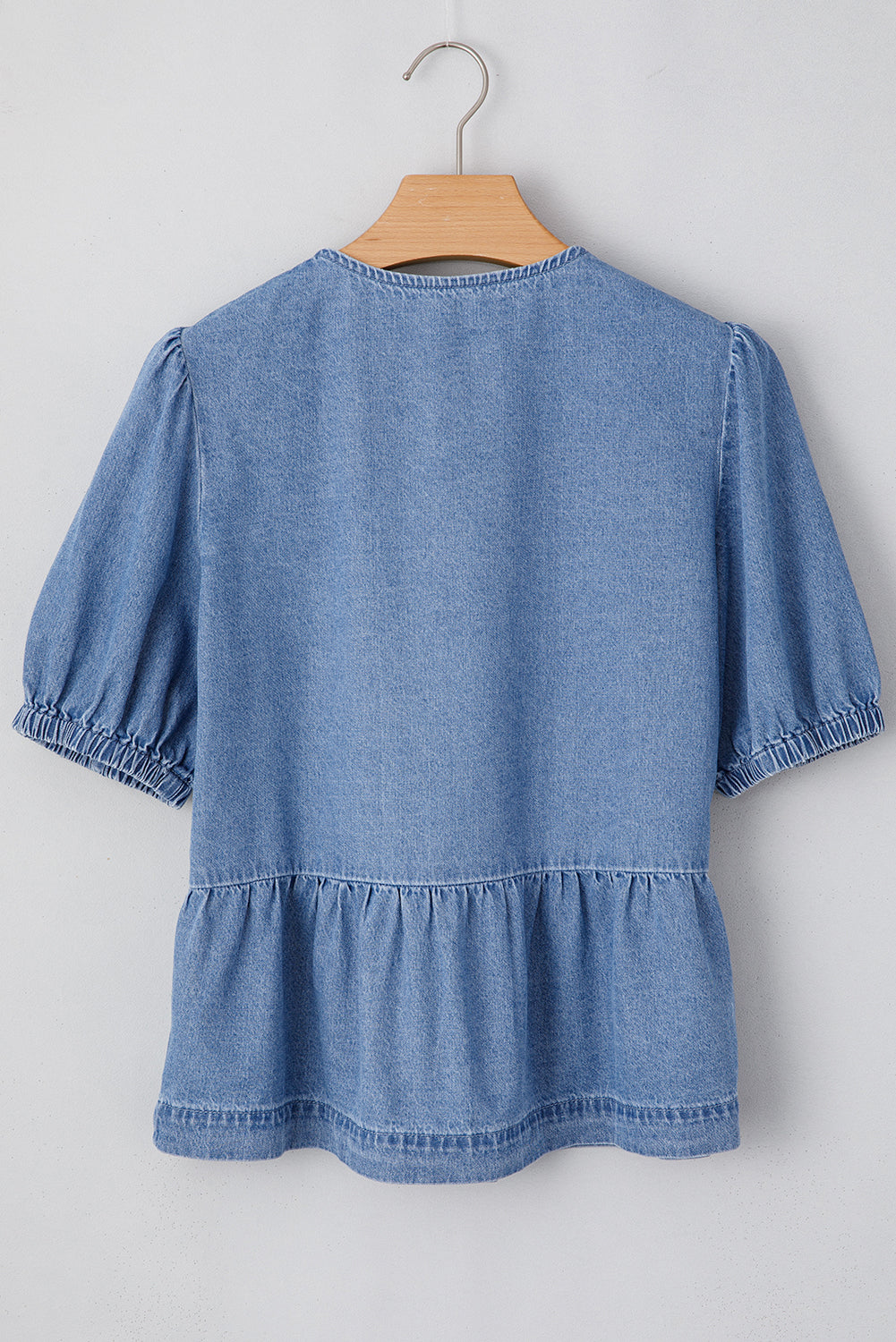 Dusk Blue Bow Tie Front Bubble Sleeve Peplum Denim Shirt