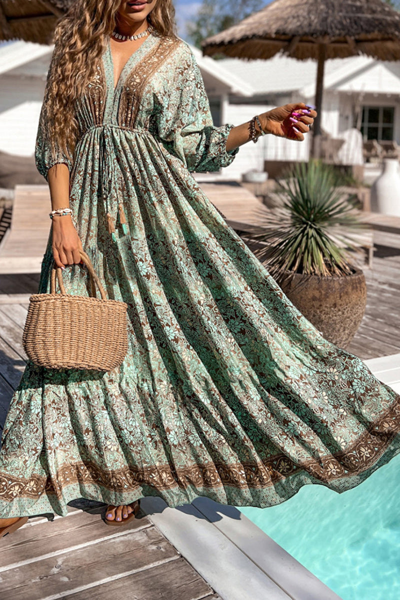 Green Boho Floral Print Backless Drawstring High Waist Maxi Dress