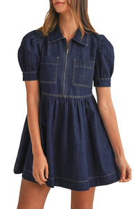 Dirty Blue Puff Sleeve Half Zipper Denim Flowy Dress