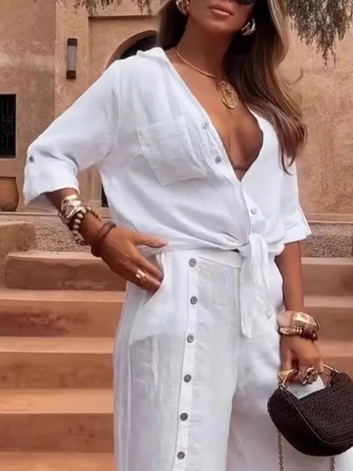 Maison button-down shirt and wide-leg pants set from Trendsi, featuring a stylish, coordinated two-piece outfit in neutral fabric.