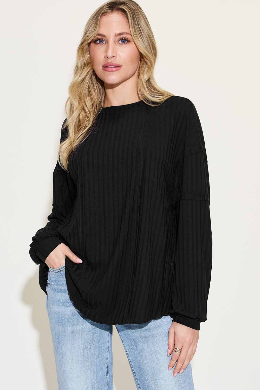 Basic Bae Ribbed Round Neck Long Sleeve T-Shirt