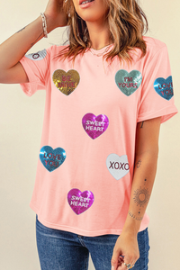 Pink Sequin Valentines Heart Patched Graphic Crewneck T Shirt