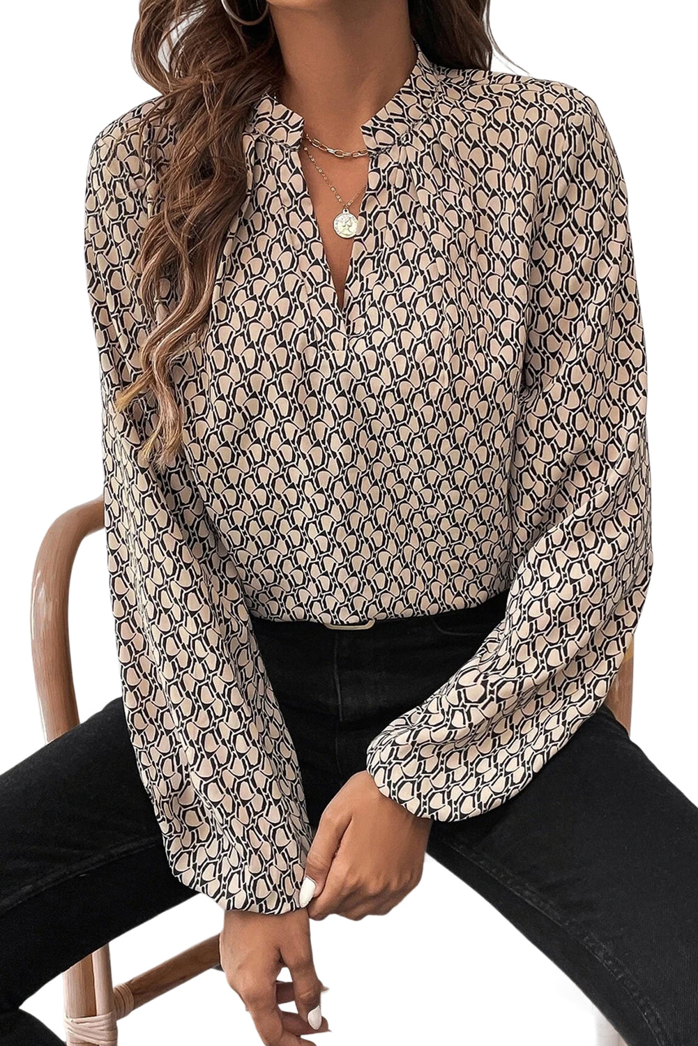 Khaki Geometric Print Notched Neck Long Sleeve Blouse