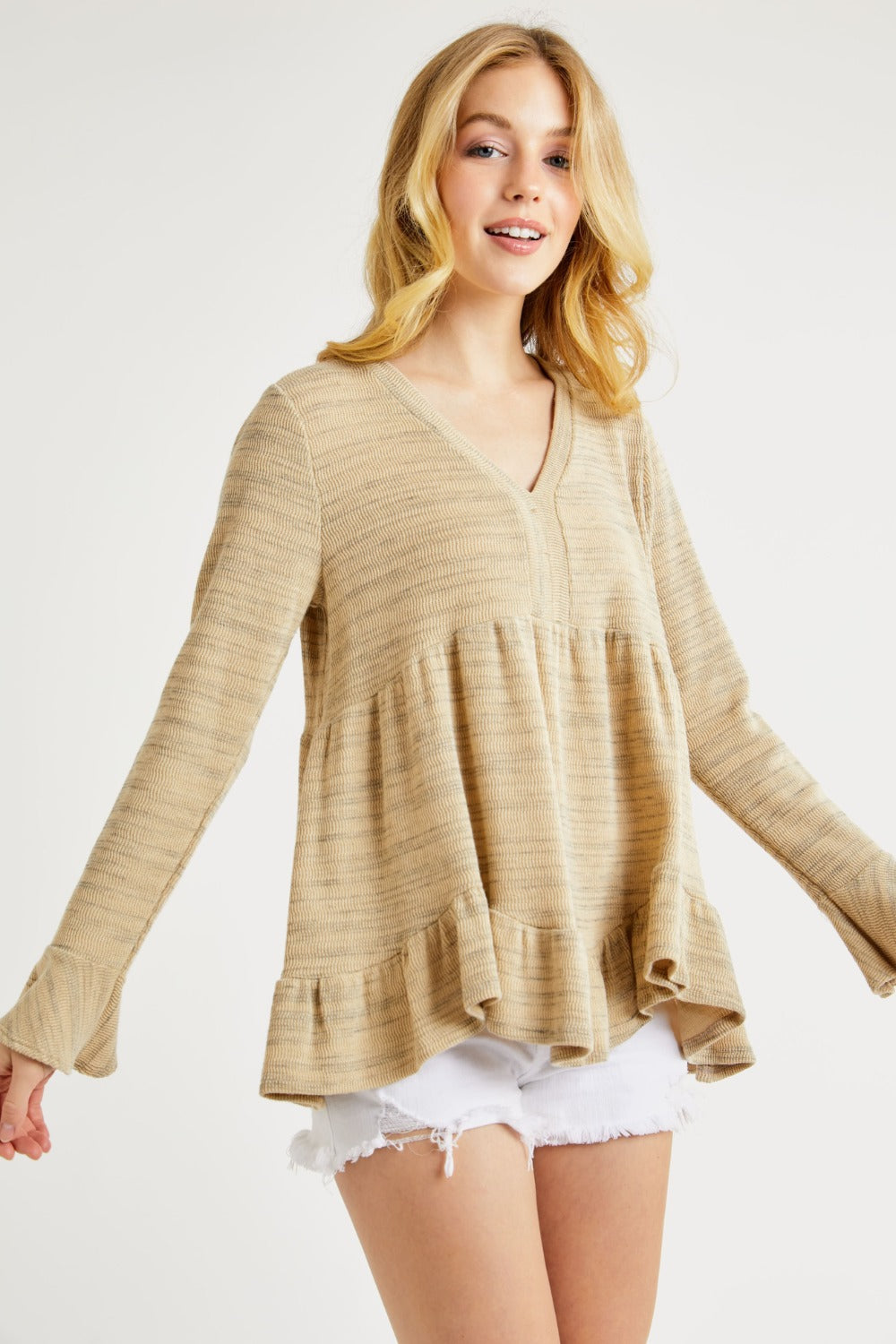 Hailey & Co V-Neck Flounce Sleeve Knit Top