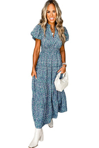 Blue Abstract Print Split V Neck Shirred High Waist Maxi Dress