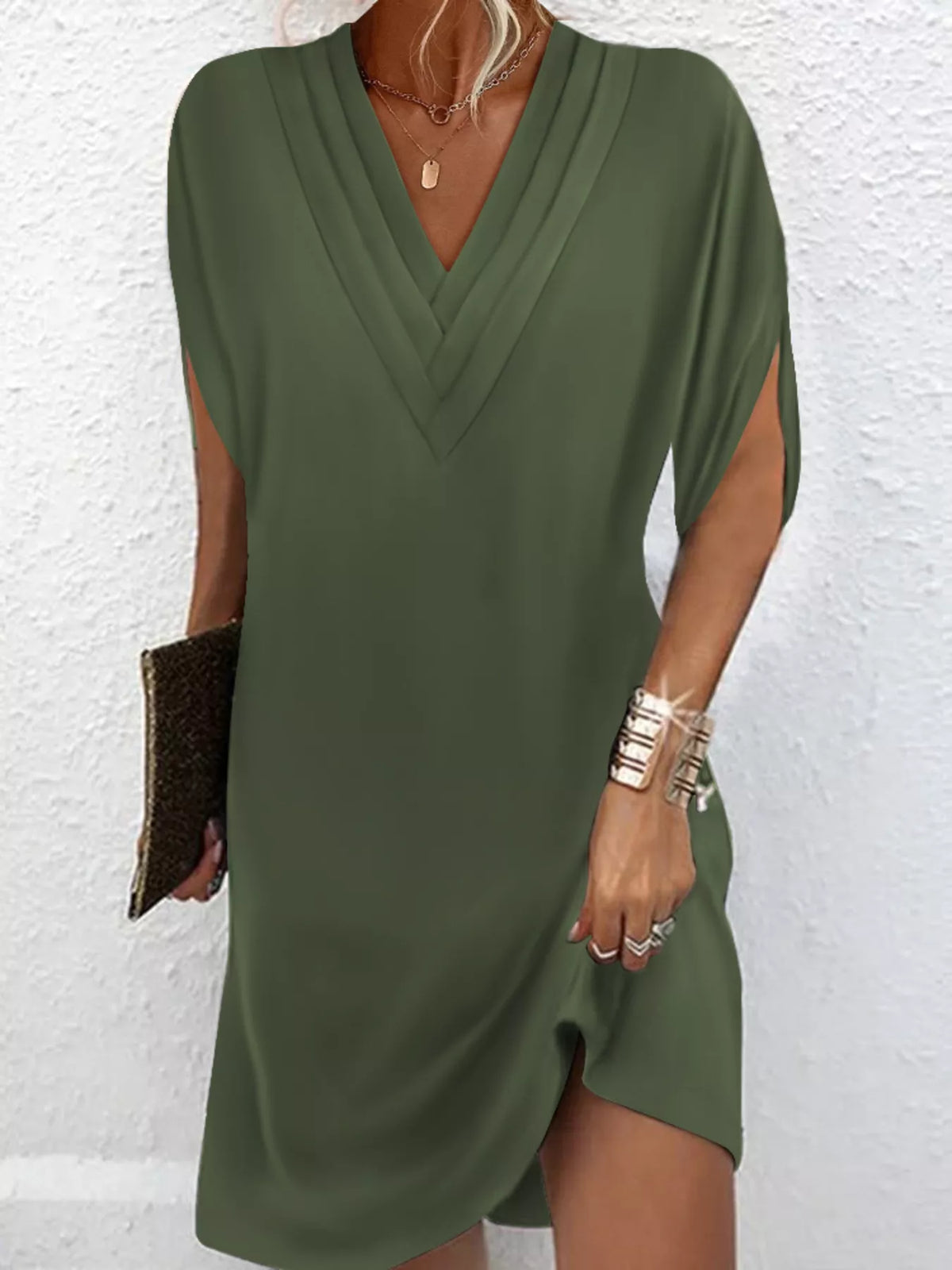 Plus size Trendsi full size mini dress featuring a V-neck and slit sleeves in a stylish design.