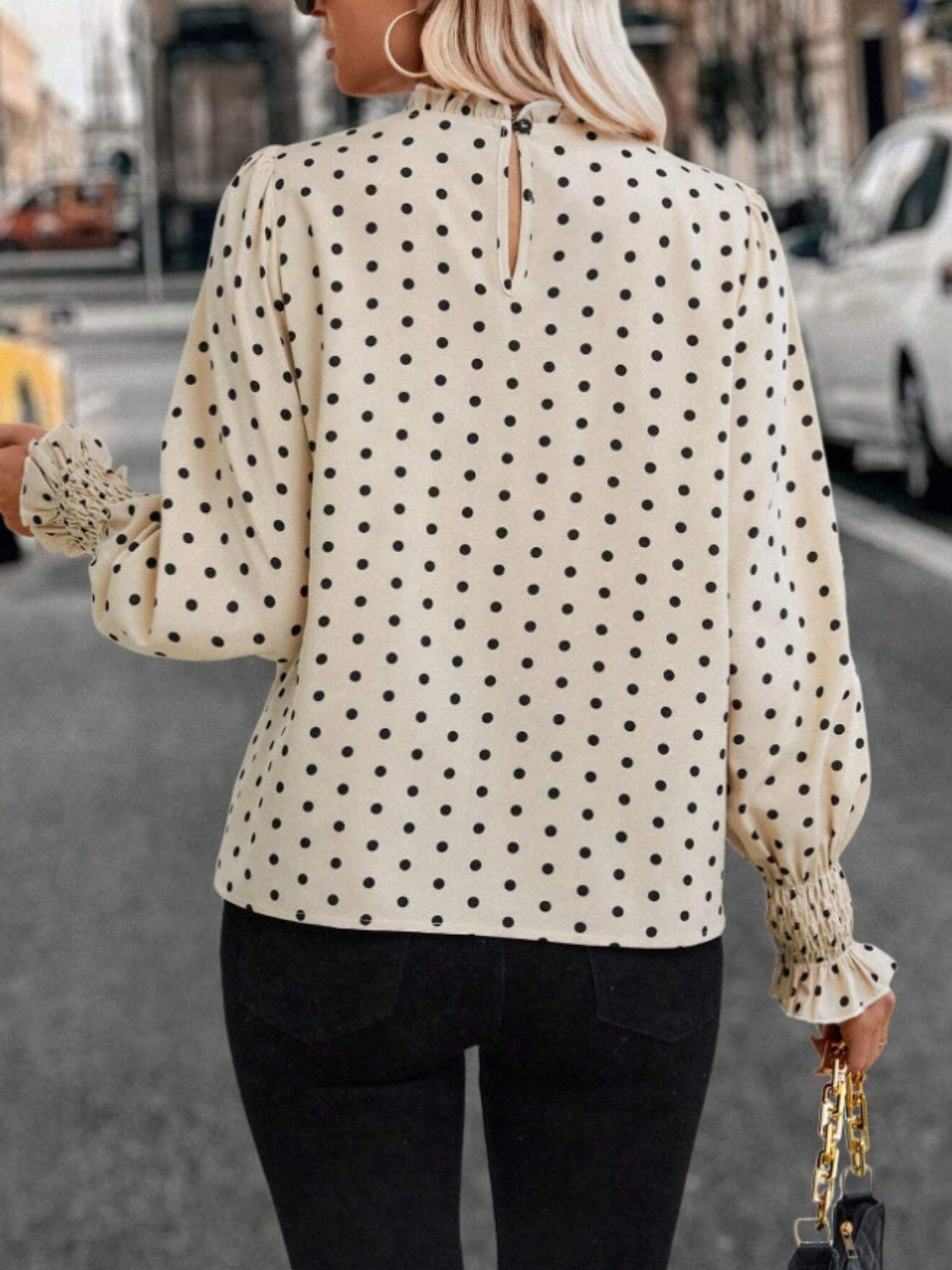 Polka Dot Mock Neck Long Sleeve Blouse