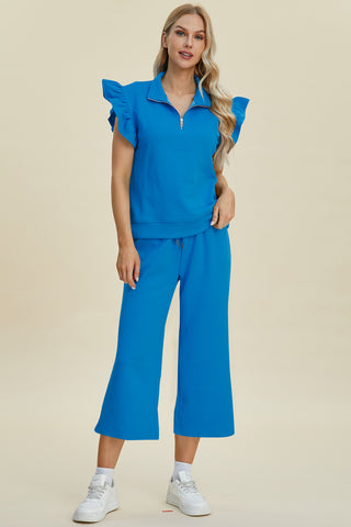 Double Take Texture Ruffle Short Sleeve Top and Wide Leg Pants Set