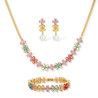 Gold-plated jewelry set with pink, turquoise and red flower-shaped cubic zirconia stones, featuring necklace, earrings and bracelet.