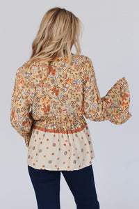 Yellow Floral V Neck Bell Sleeve Peplum Blouse