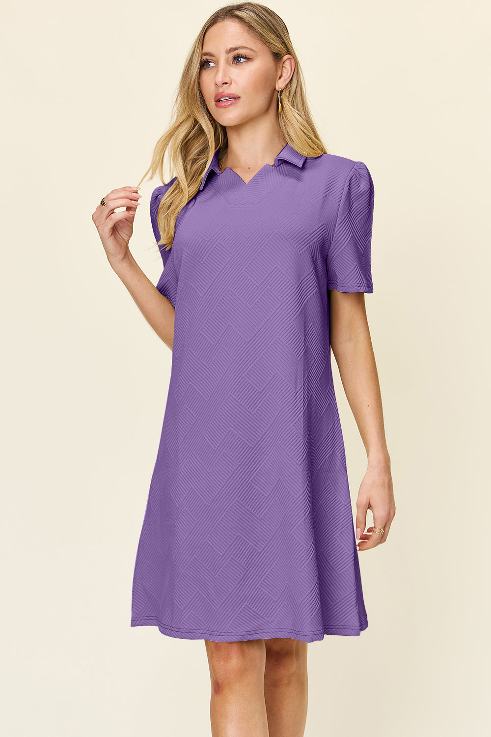 Double Take Texture Collared Neck Short Sleeve Dress