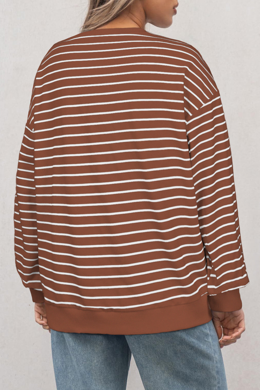 Burgundy Striped Long Sleeve Round Neck Loose Fit Sweatshirt