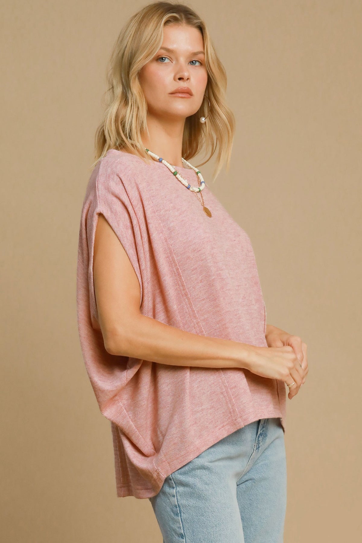 Exposed Seam Round Neck Batwing Sleeve Knit Top