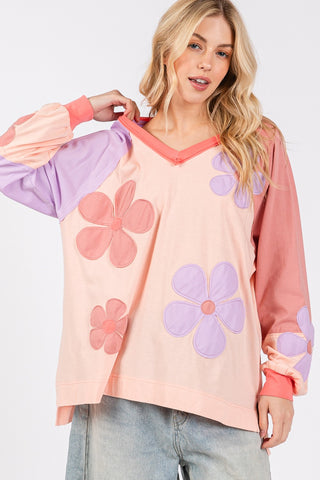 SAGE + FIG Daisy Applique Patch Color Block Long Sleeve Top