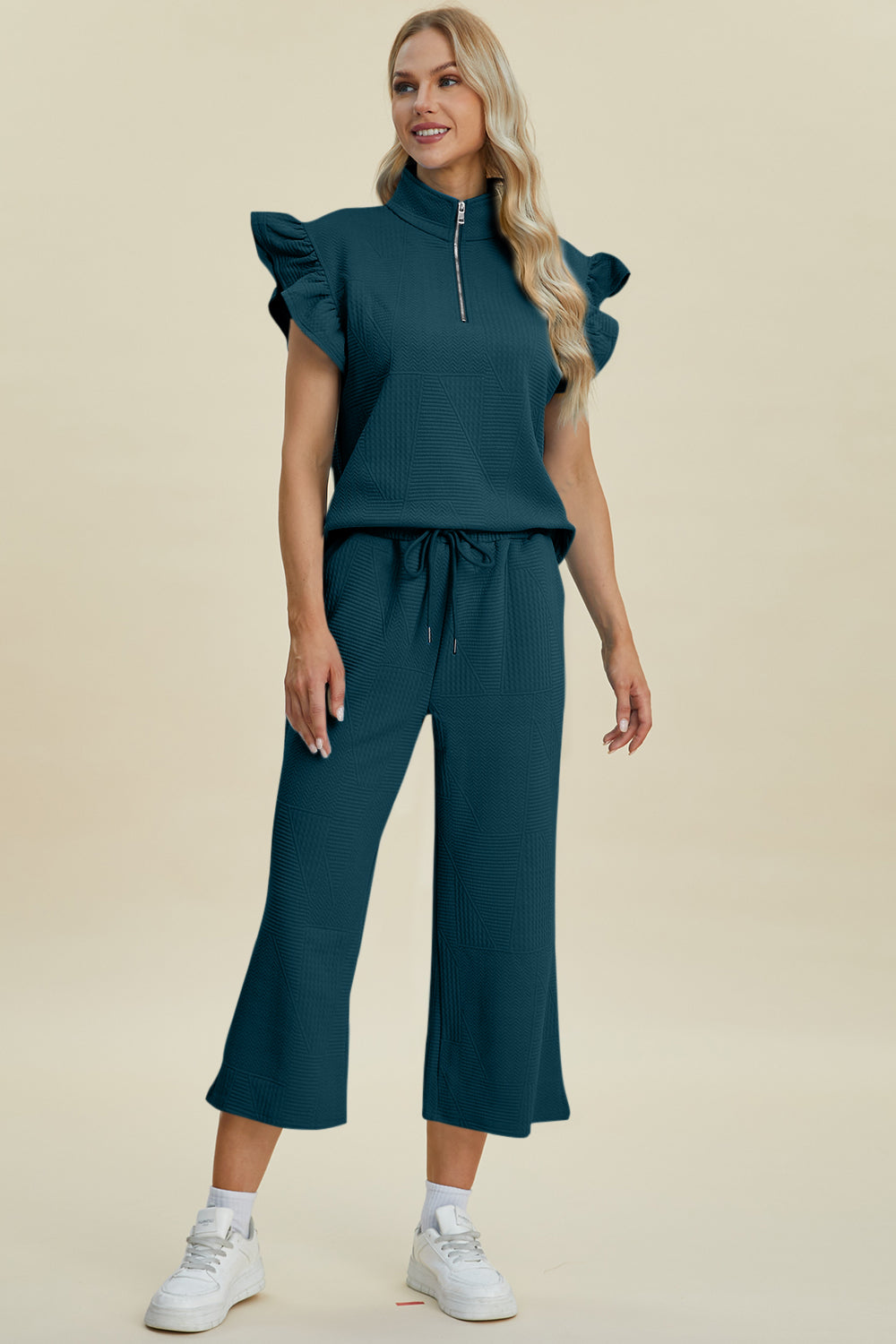 Double Take Texture Ruffle Short Sleeve Top and Wide Leg Pants Set