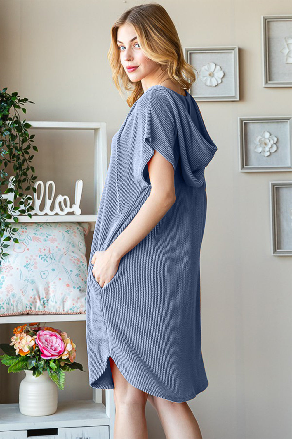 Heimish Ribbed Short Sleeve Hooded Dress