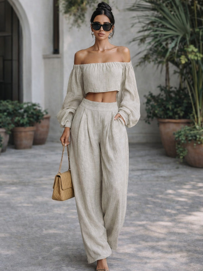 Trendsi Riviera off-shoulder crop top with matching wide-leg pants, two-piece set in a stylish, casual summer fashion look.