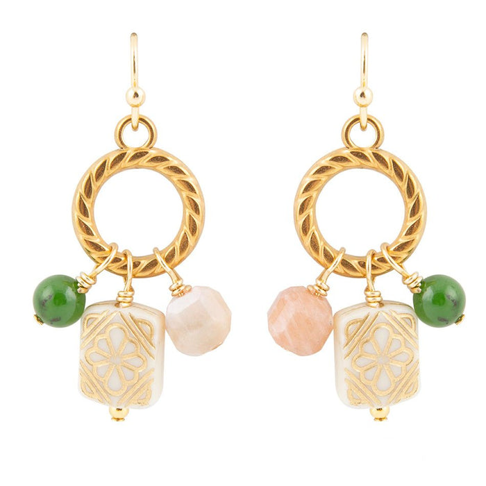 Green jade and pink sunstone drop earrings with gold accents from Barse Jewelry, featuring elegant dangling design.