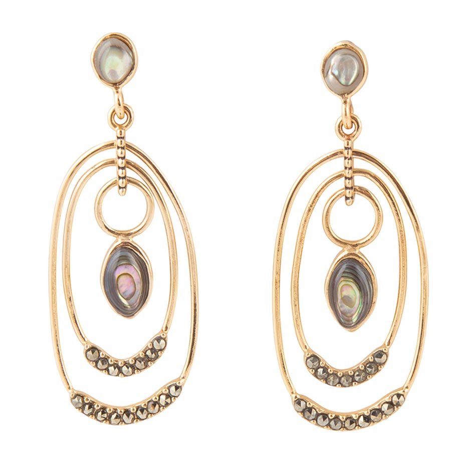 Barse Jewelry Henle Green Abalone chandelier earrings with golden drop design, featuring elegant, colorful abalone shells.