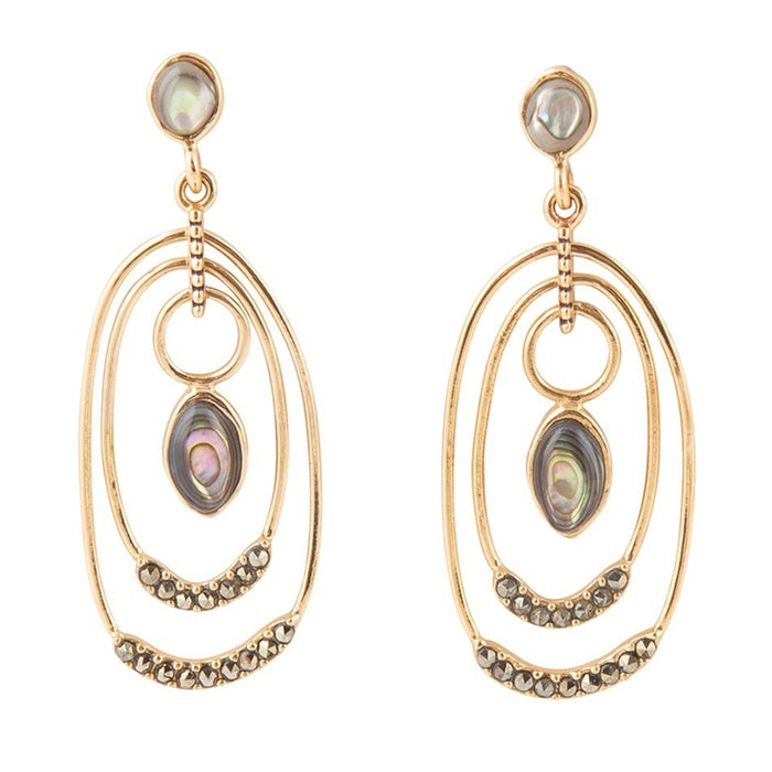 Barse Jewelry Henle Green Abalone chandelier earrings with golden drop design, featuring elegant, colorful abalone shells.