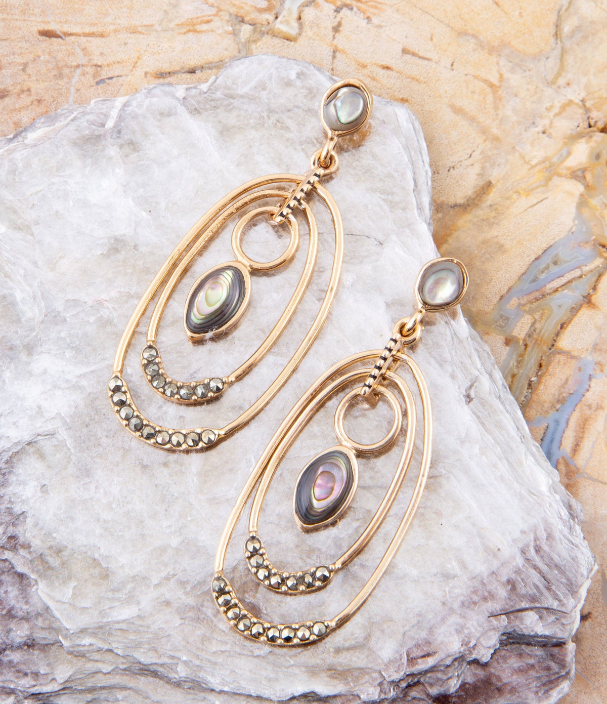 Barse Jewelry Henle Green Abalone chandelier earrings with golden drop design, featuring vibrant abalone shells and elegant craftsmanship.