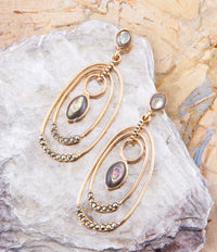 Barse Jewelry Henle Green Abalone chandelier earrings with golden drop design, featuring vibrant abalone shells and elegant craftsmanship.