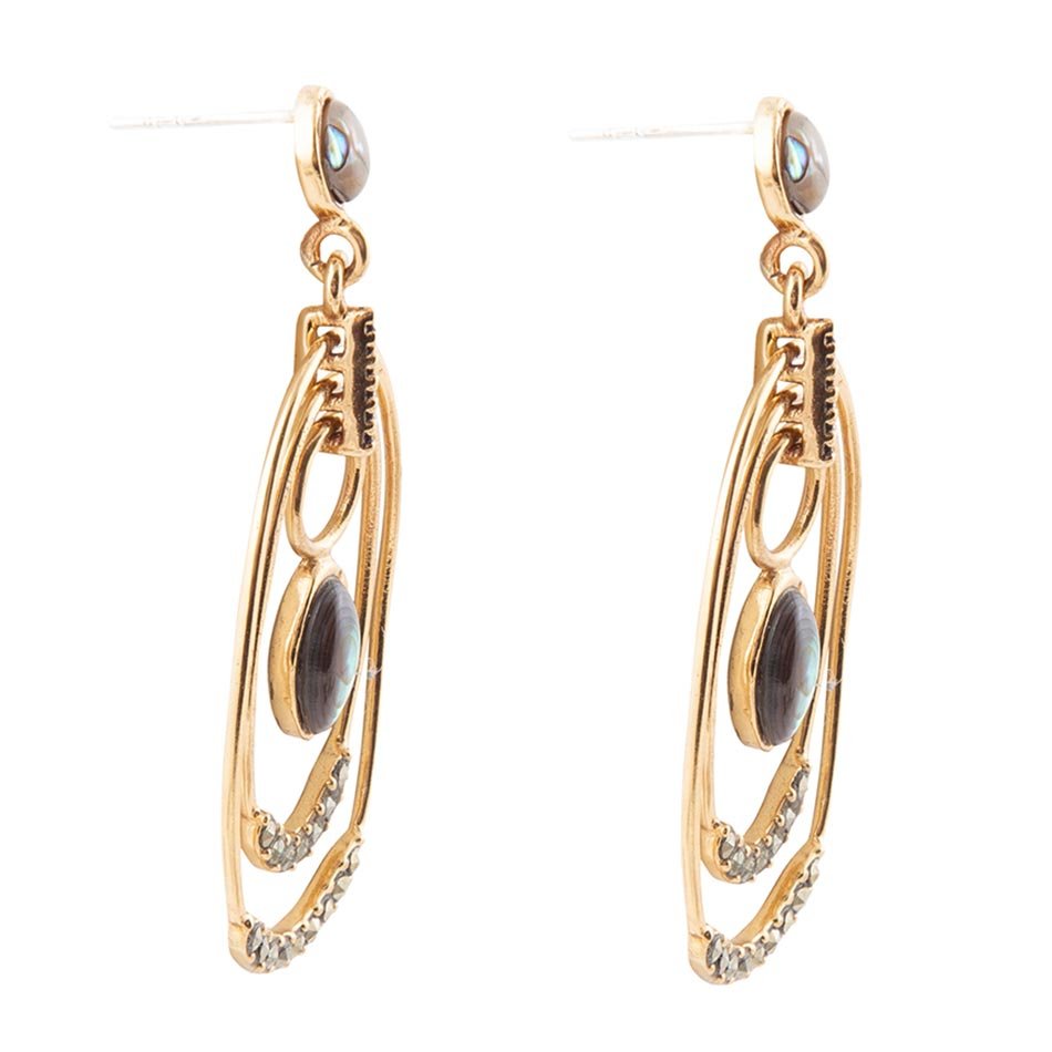 Barse Jewelry Henle Green Abalone chandelier earrings with gold drop design, featuring vibrant abalone shell and elegant dangle style.