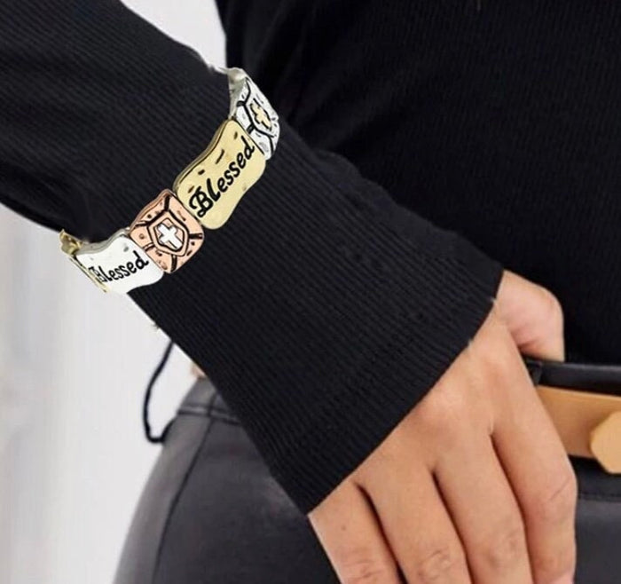 Blessed Cross Stretch Cuff Bracelet - Tri-Tone