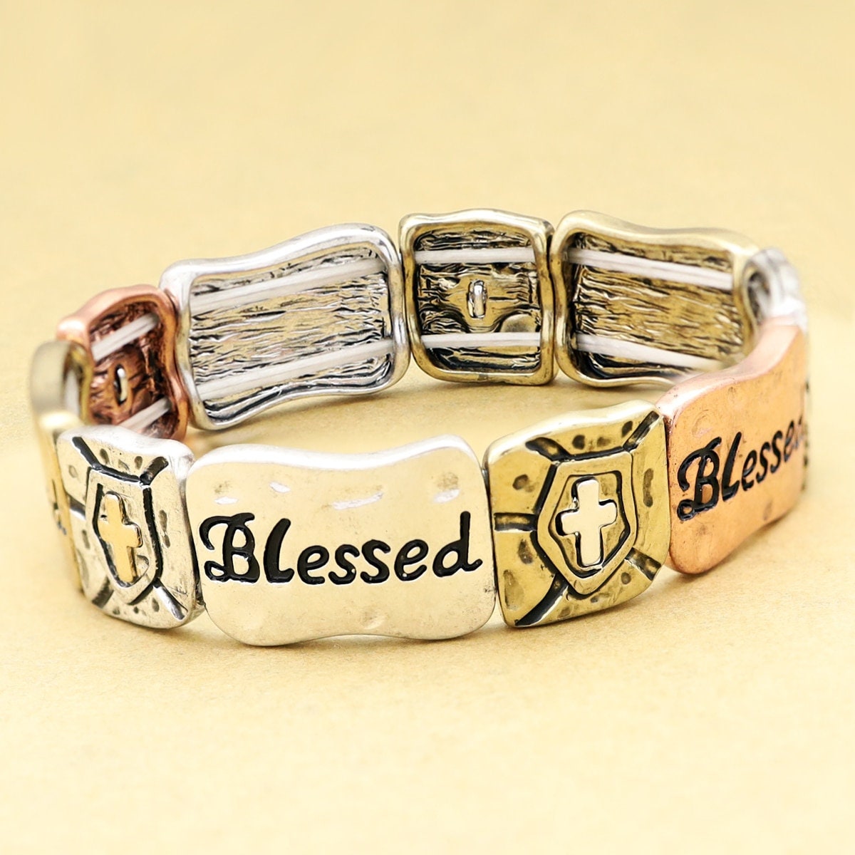 Blessed Cross Stretch Cuff Bracelet - Tri-Tone