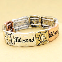 Blessed Cross Stretch Cuff Bracelet - Tri-Tone