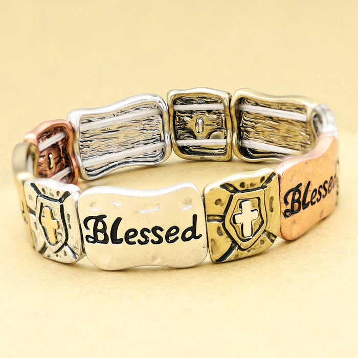 Blessed Cross Stretch Cuff Bracelet - Tri-Tone