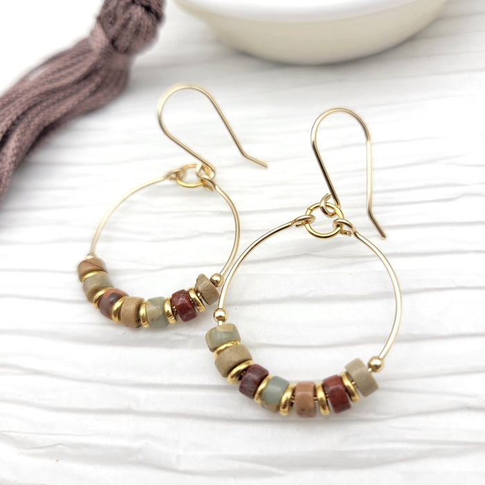 Boho Earth Tone Jasper and gold earrings by Bijou by SAM featuring natural stone beads and gold accents.